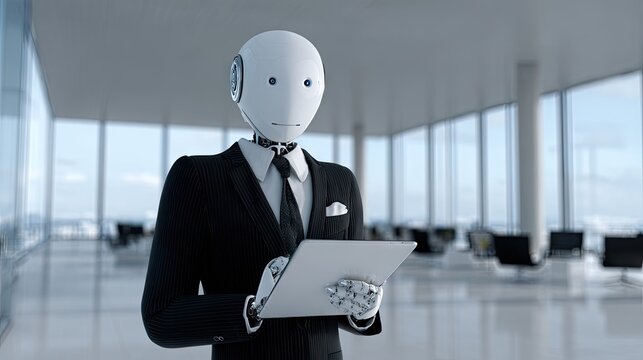 Humanoid robot wearing business suit holding digital tablet.