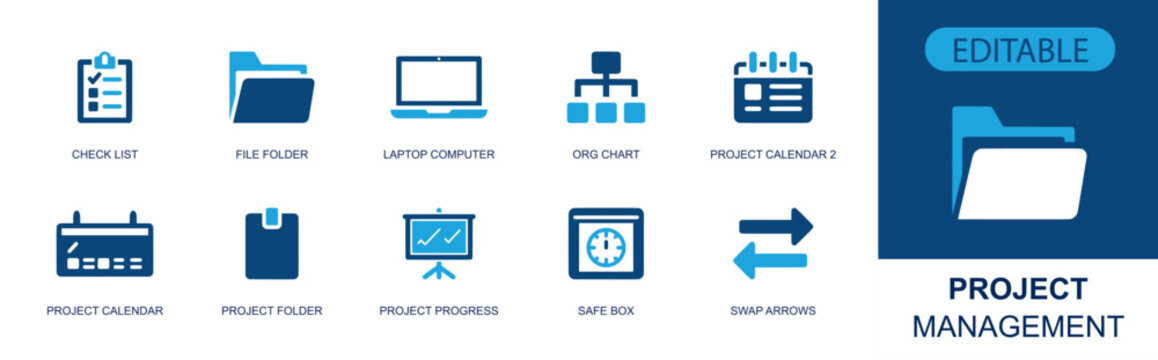 Project management icon set. Containing checklist, file folder, laptop, org chart, project calendar, project folder, progress board, safe box, swap arrows and more. Solid fill vector icons.