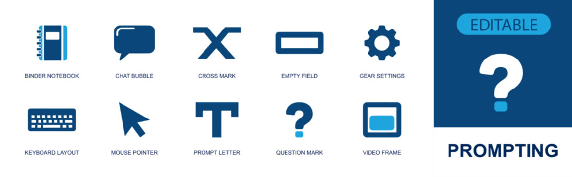 Prompting icon set. Containing chat bubble, keyboard, mouse pointer, question mark, video frame, settings gear, cross mark, notebook, input field and more. Solid fill vector icons.