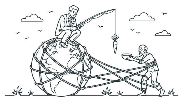 Businessman fishing for a poor man with a carrot on a fishing rod tied to globe.
