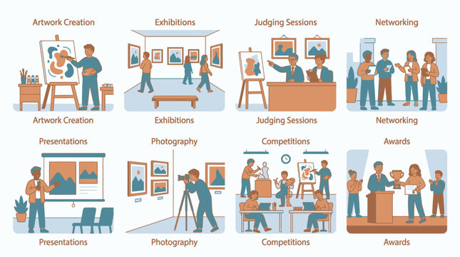 Art gallery exhibition and creative workshop activity set.