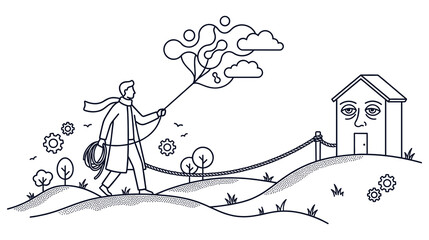 Man walking with rope holding back a house with face while carrying abstract cloud. © KALPANA AKTER