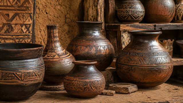 traditional handmade African earthenware pots with burnished surfaces and hand-incised decorative patterns