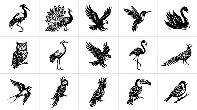 Collection of various black bird silhouettes