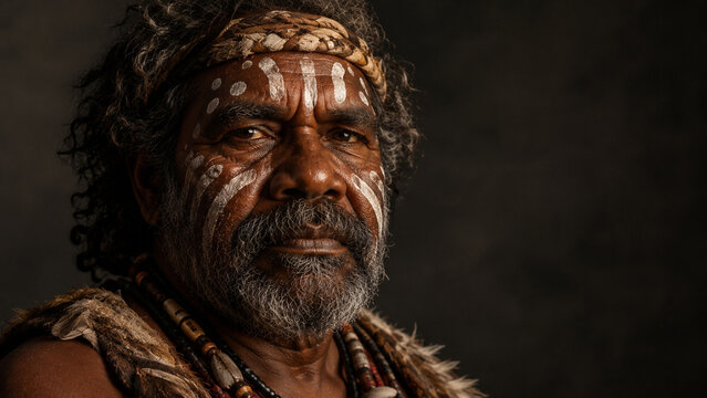 dignified portrait of an Indigenous man wearing traditional ceremonial face paint