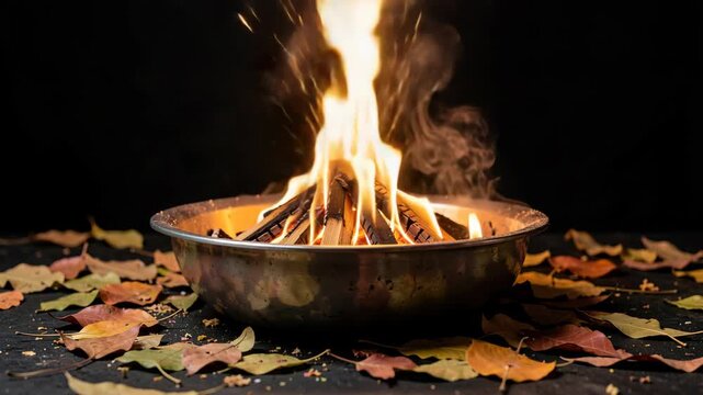 A fire pit surrounded by leaves, embers burning within.