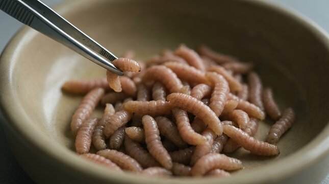 A metal tweezer picks up a single pink grub from a pile of many grubs resting in a shallow tan bowl maggots insect larva fishing bait bait fishing live bait animal creepy crawly