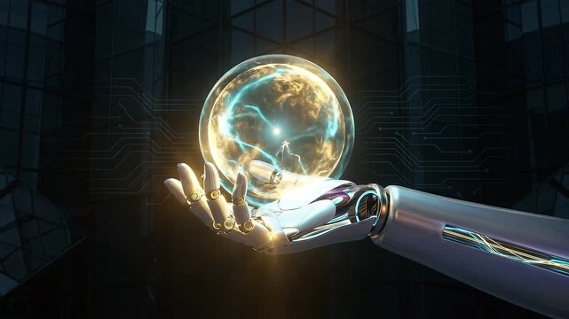 Metallic robot hands holding a powerful glowing futuristic blue energy orb