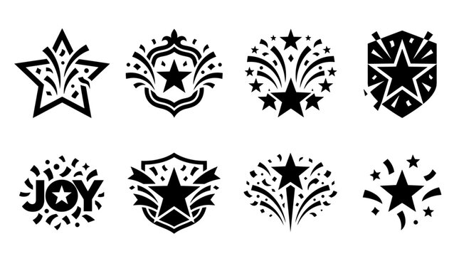 Celebration star icons and fireworks emblem collection.