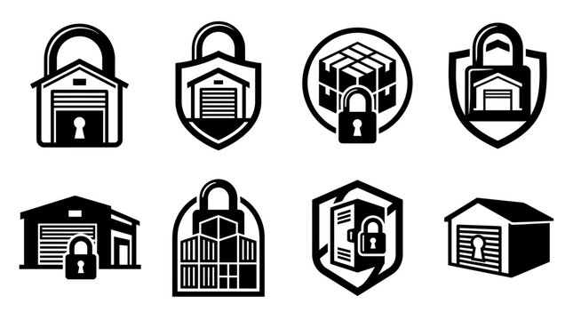 Self storage facility and secure warehouse icons.