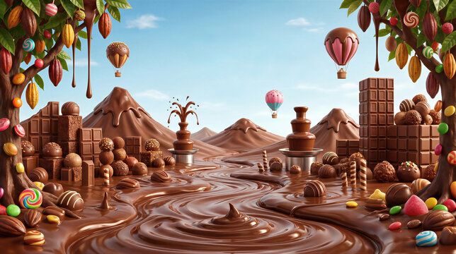 Chocolate fantasy landscape with mountain of cocoa and flowing river. Sweet confectionery world with hot air balloon, truffle and candy tree for World Chocolate Day celebration.