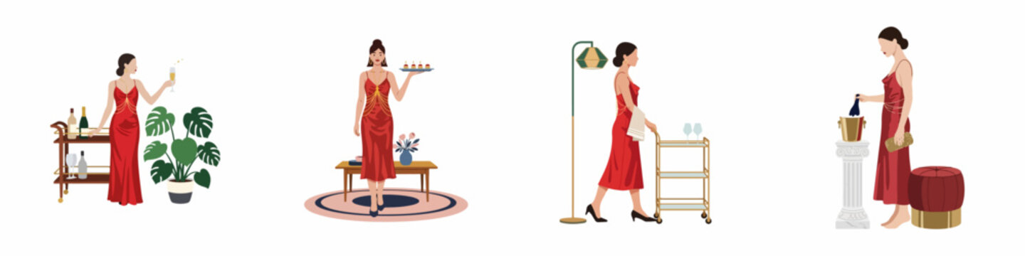 Set of elegant illustrations featuring a woman in a red silk dress hosting and celebrating at a glamorous social event with drinks and appetizers.