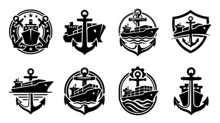 Nautical cargo ship and anchor maritime logistics symbols. © keranacinta