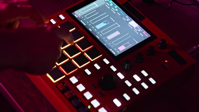 A close-up view of hands tapping illuminated pads on a red professional drum machine sampler. Concept of electronic music production, hip hop beat making, and creative studio workflow.