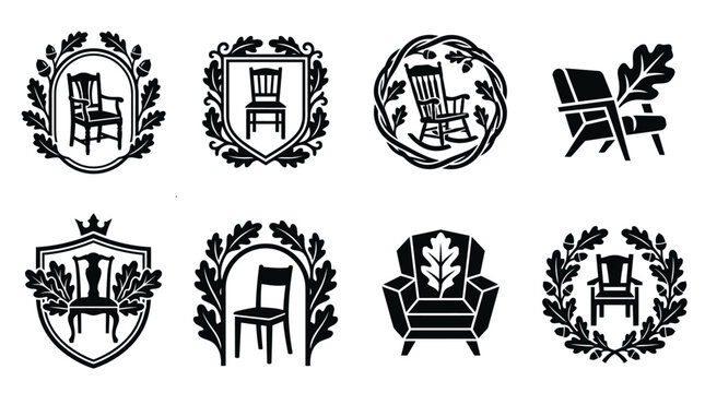 Classic chair icons with ornamental wreath frames.