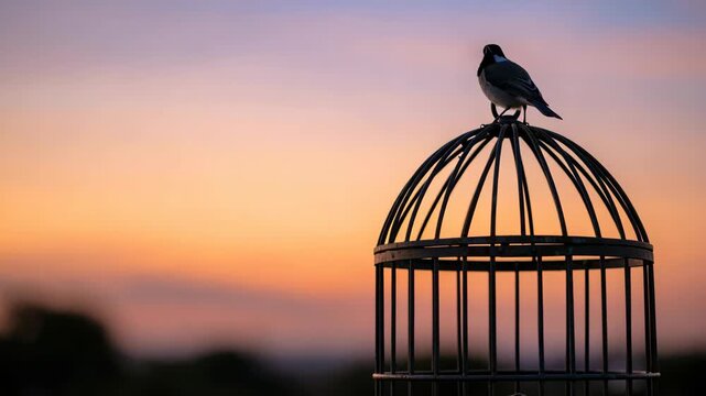 A bird perched atop an iron cage during a colorful sunset sky.