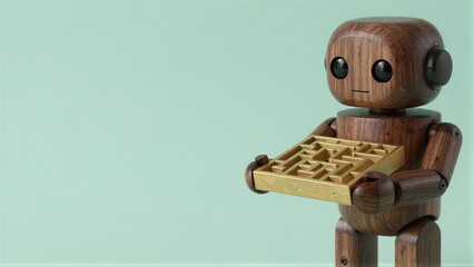 Fototapeta premium Wooden robot holds golden maze, symbolizing problem-solving and artificial intelligence.