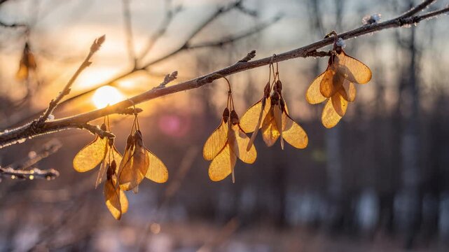 Bright orange sunset over forest bathed in warm light. Silhouette of tree branches covered in icy leaves. Winter's arrival signified by frost on nature.