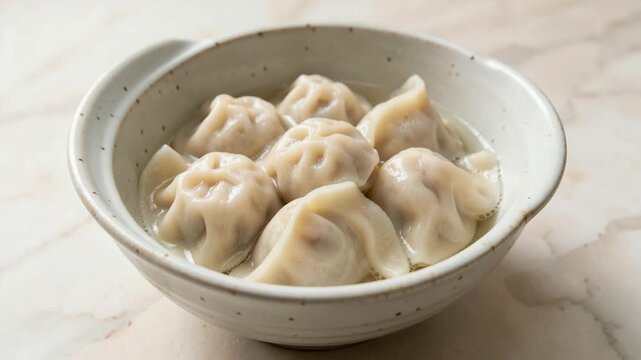 A close-up shot of dumplings floating in soup within an earthenware bowl on a marble countertop.