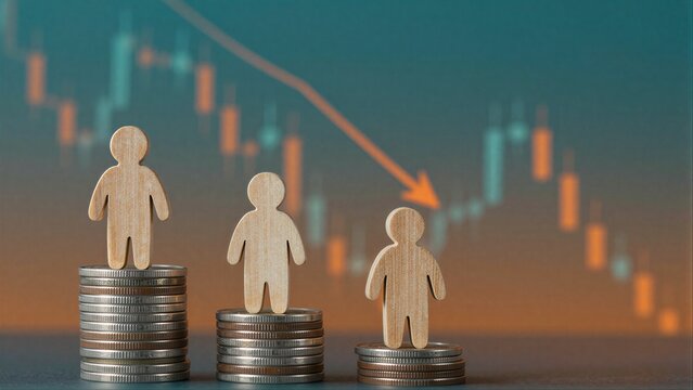 Three wooden figures stand on decreasing coin piles, symbolizing economic decline.