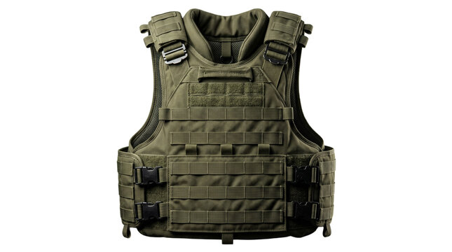 Olive green tactical body armor vest isolated on transparent background