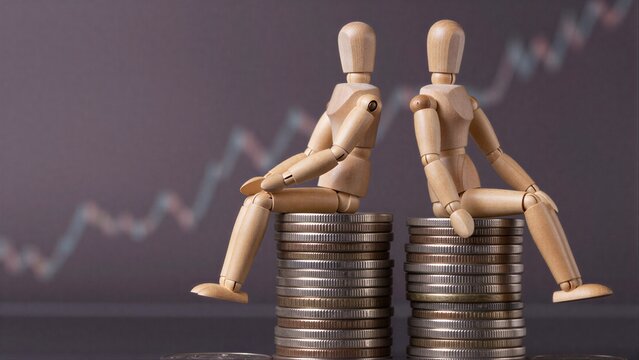 Two wooden figures sit atop coin stacks, symbolizing financial disparity or economic inequality.