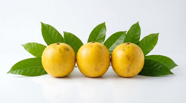 Three ripe yellow eggfruit with green leaves on white backdrop