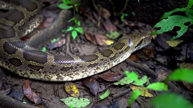Large Python slithering on muddy ground in rainforest