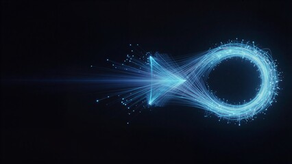 Fototapeta premium Blue light trails form a dynamic, abstract fish shape against deep black background.