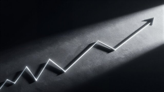 Bright line graph arrows upward on dark surface, symbolizing growth and progress.