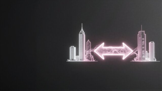 Neon city silhouettes connected by glowing bidirectional arrow, symbolizing urban exchange.