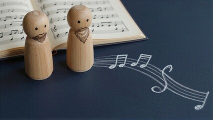 Naklejka premium Wooden figures beside musical notes and sheet music, evoking harmony and creativity.