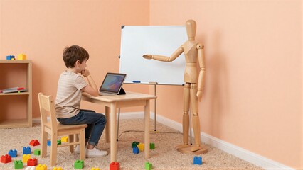 Naklejka premium Child sits at table with tablet, wooden figure gestures beside him in cozy room.