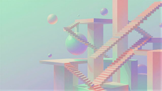 Pastel stairs twist through floating spheres in a dreamlike, surreal architectural maze.