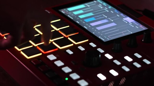 A musician's hand taps colorful backlit pads and adjusts knobs on a digital beat making machine. Concept of electronic music production, creative DJ workflow, and audio technology.