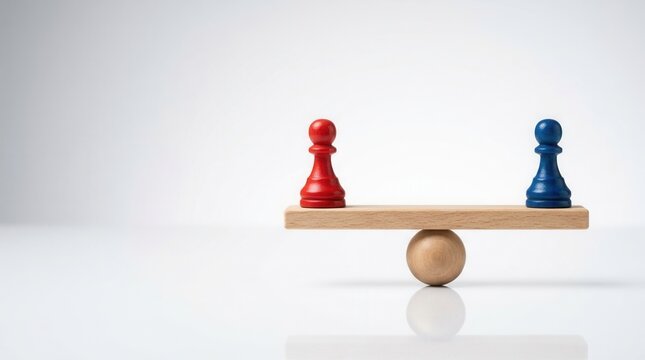 A wooden seesaw holding red and blue pawn figures for concept of equality.
