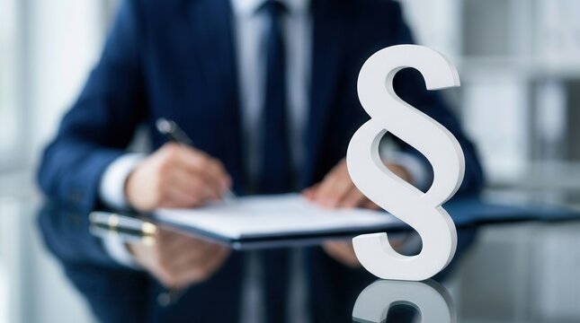 White section symbol standing on a reflective office table with a blurred professional in the background.