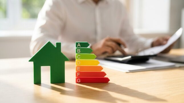 An energy efficient house model and energy rating scale on a desk.