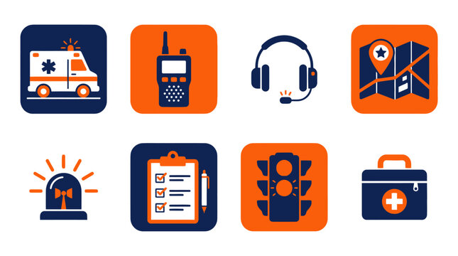 Emergency services icons set featuring ambulance and communication tools