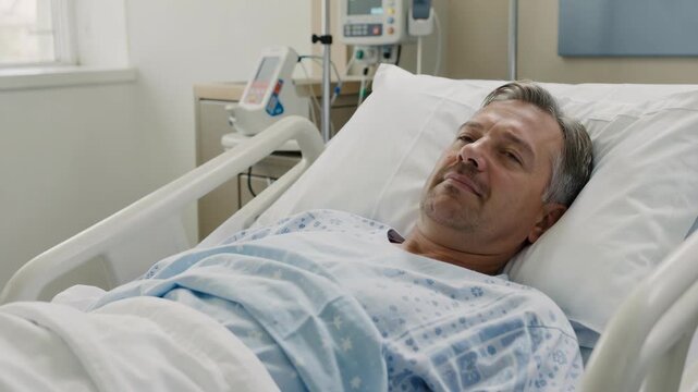 A man lying in a hospital bed with medical equipment and IV drip. He is smiling and looking up.