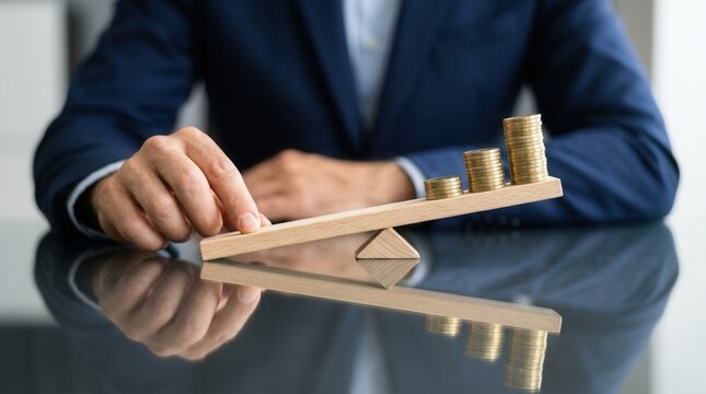 Financial stability concept showing a professional balancing coin stacks on a wooden lever.