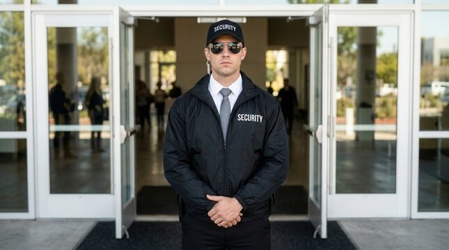 Professional security guard wearing a uniform and sunglasses standing at an entrance.