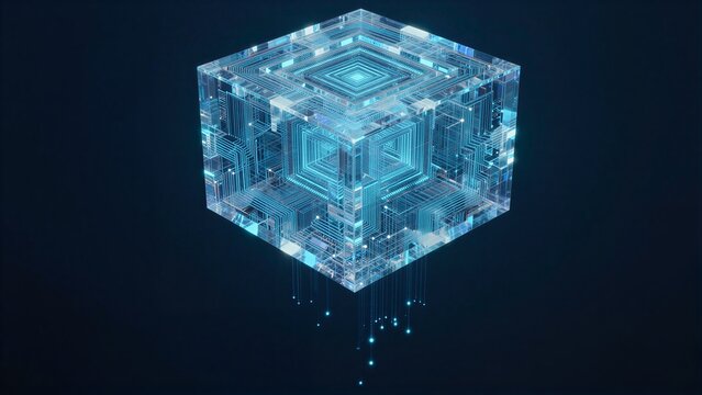 A glowing blue cube with intricate circuit patterns, floating in a dark space.