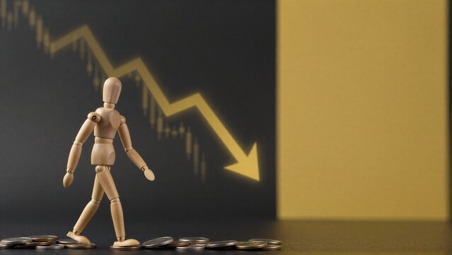 Wooden figure walks amid coins as stock chart shows steep downward trend.