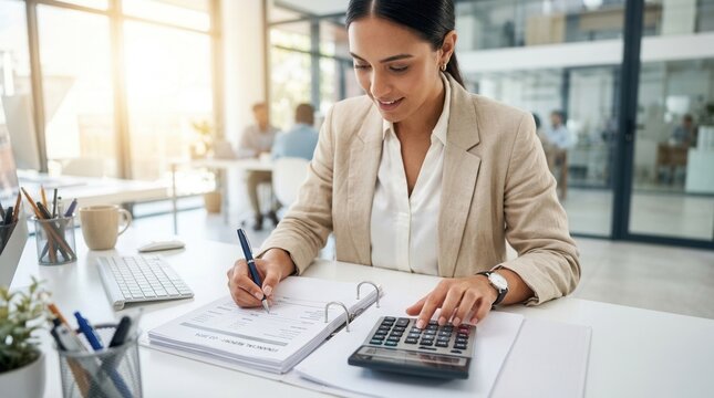 A female accountant working with documents and a calculator for tax planning.