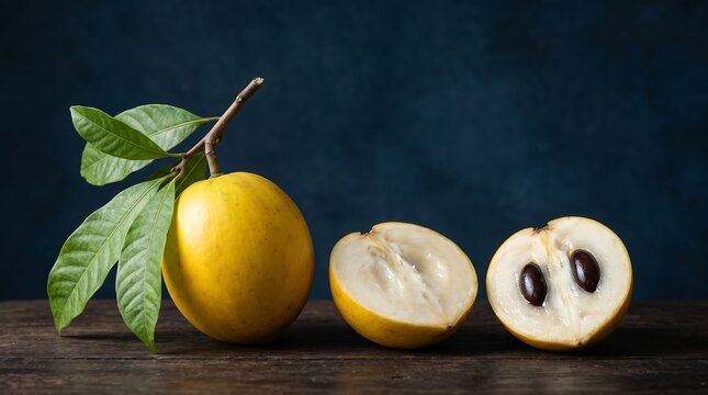 Fresh Ripe Eggfruit Displayed Whole and Cut on a Dark Background