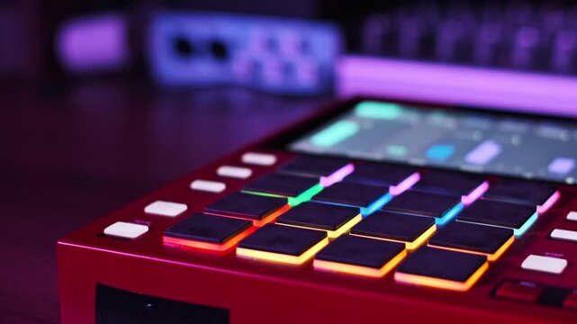 A close-up pan reveals a red drum machine with illuminated RGB pads and a touchscreen in a dim studio. Concept of electronic music production, beat making, and modern audio engineering.