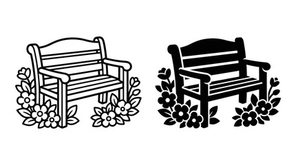 Fototapeta premium A simple illustration of a wooden park bench surrounded by flowers, presented in both line art and silhouette styles.