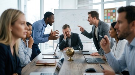 Fototapeta premium Angry colleagues having a heated disagreement in a professional meeting room.