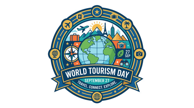 World Tourism Day badge with global landmarks and travel icons.